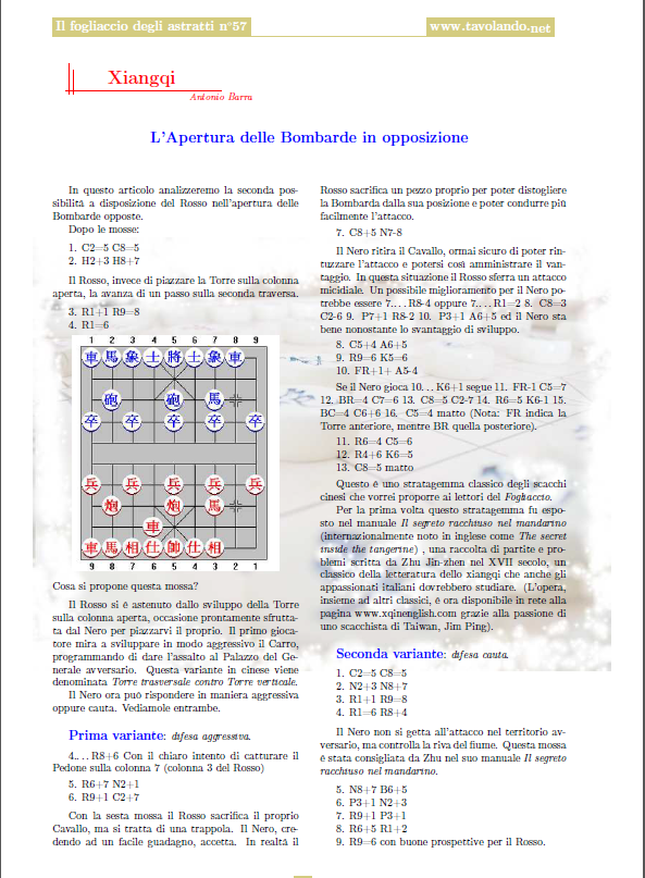 Antonio Barra's writing on Xiangqi in an Italian Periodical